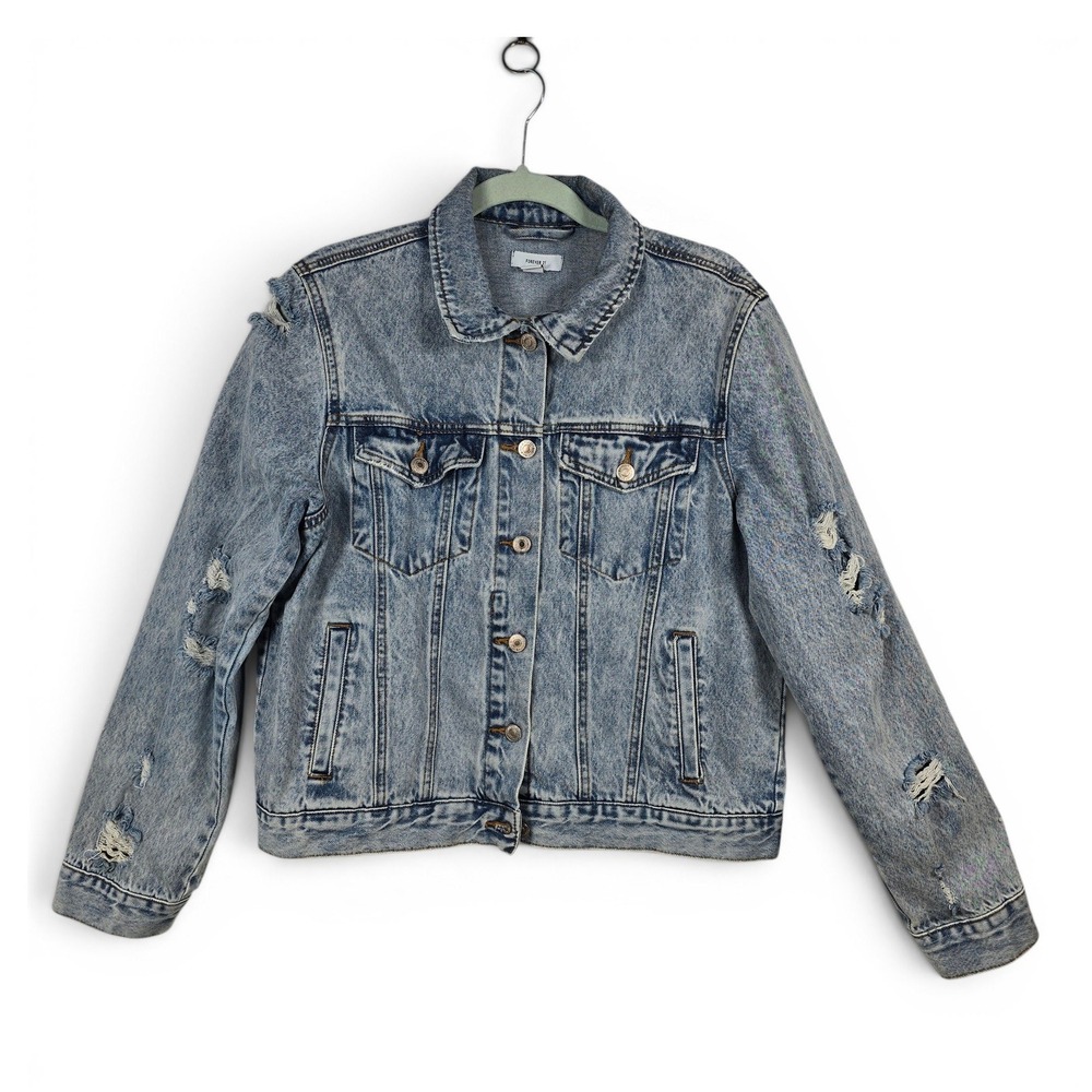 Forever 21 Woman Trucker Jacket Cotton Large Distressed Acid Wash Blue Denim
